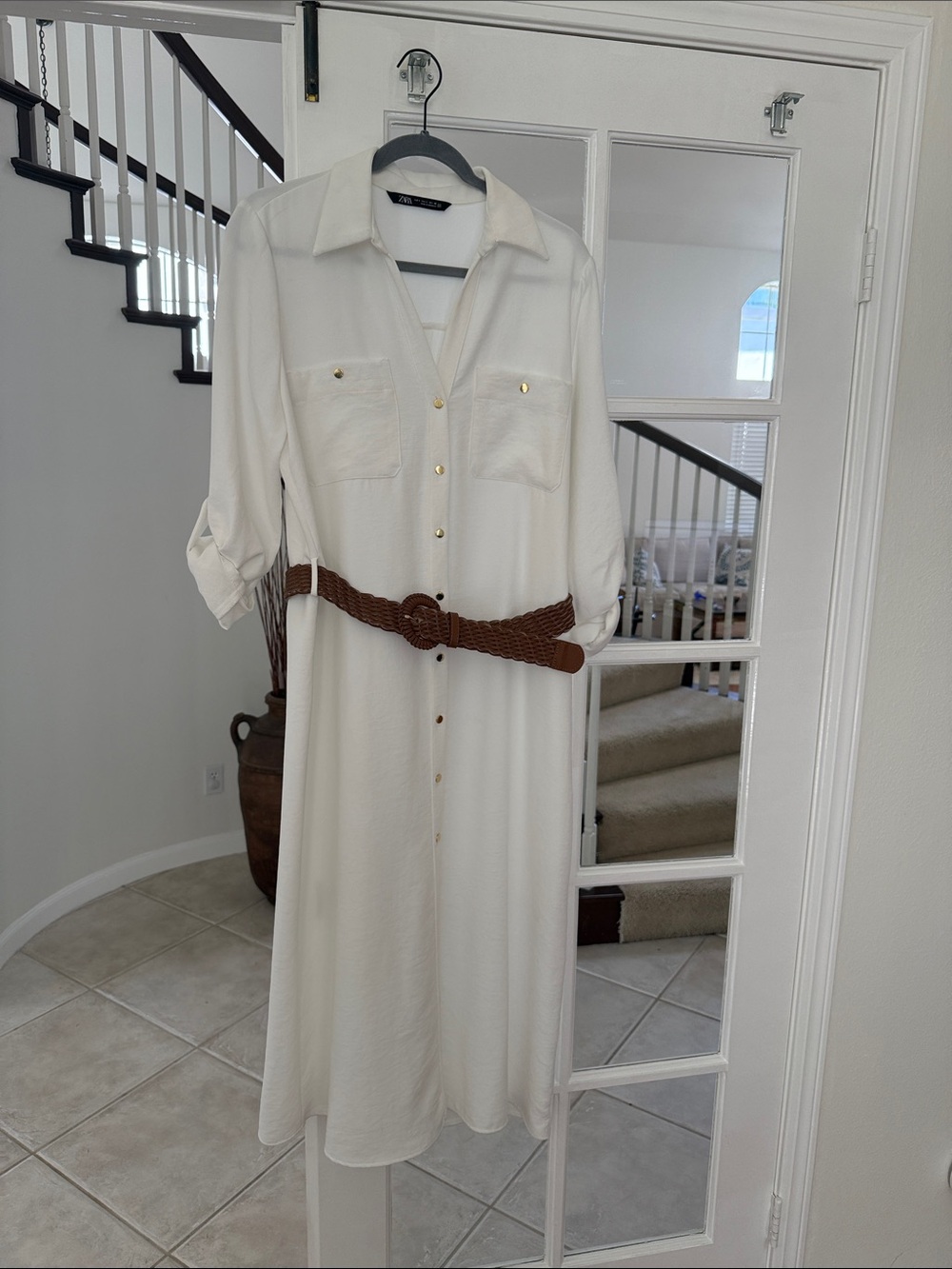 Zara NEW Size Large Cream Midi Shirt Dress with Brown Faux Leather Braided Belt